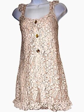 THE COVE Peach & Cream Lace Romper W/Button Detail & Ruffled straps & Bottom hem